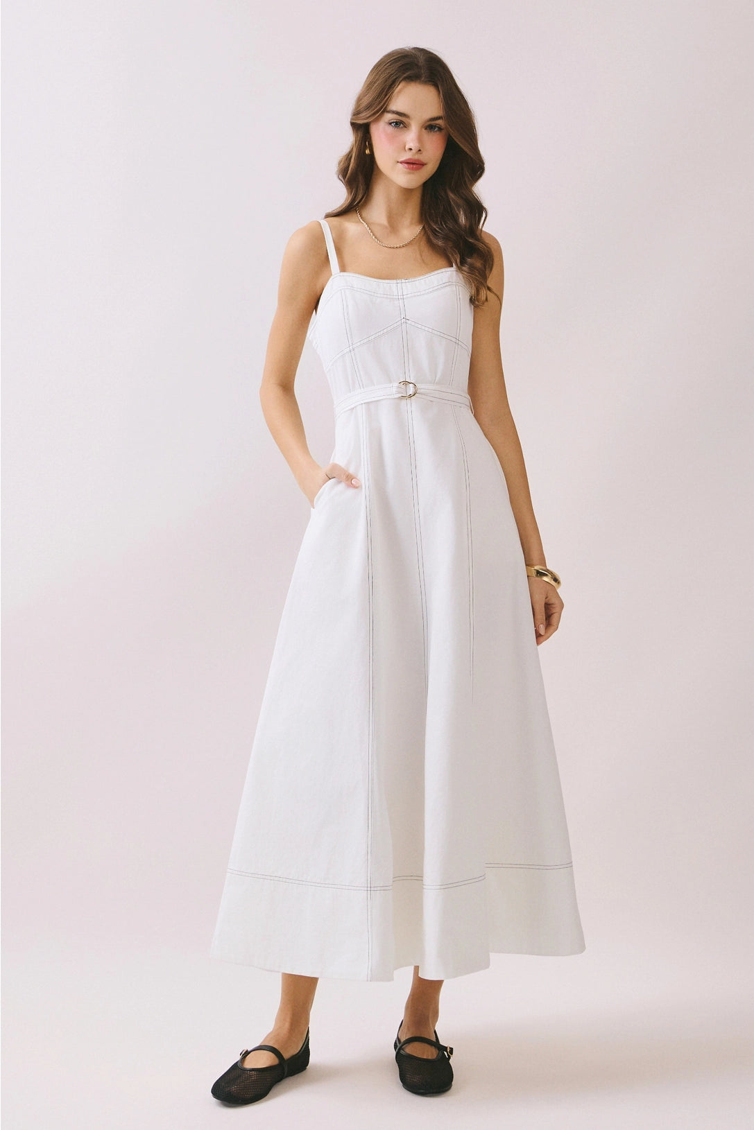 Contrast Stitch Throughout Fitted Bodice Dress TCEC