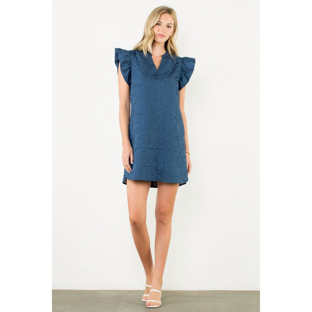 Flutter Sleeve Split Neck Textured Dress THML