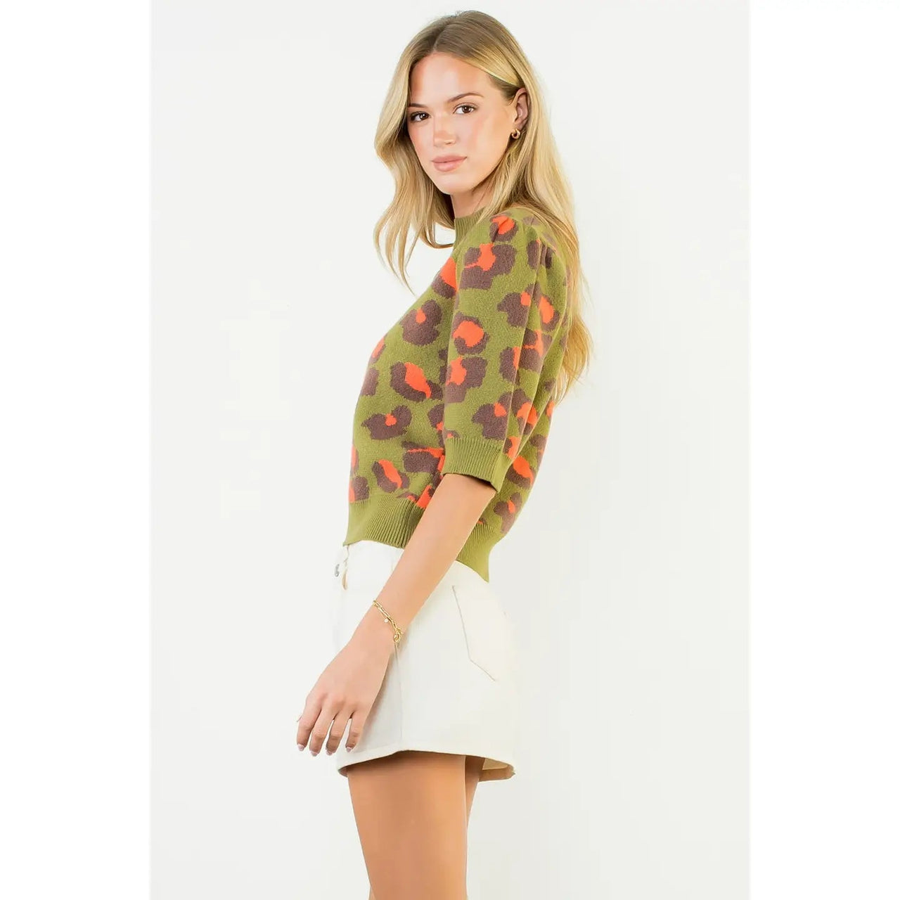 Short Sleeve Leopard Print Knit Top THML