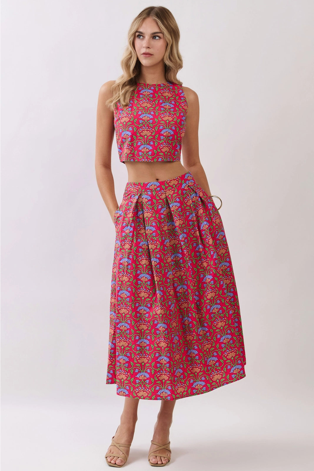 Side Zipper Pleated Detail Floral Midi Skirt TCEC
