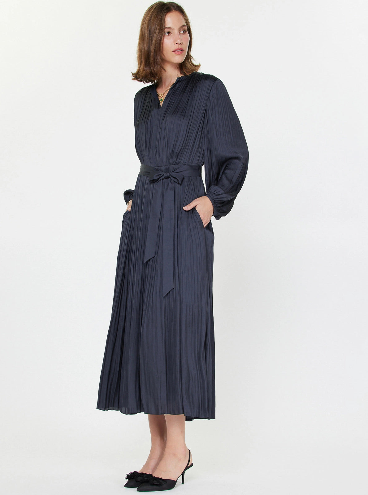 Pleated Long Sleeve Midi Dress Current Air