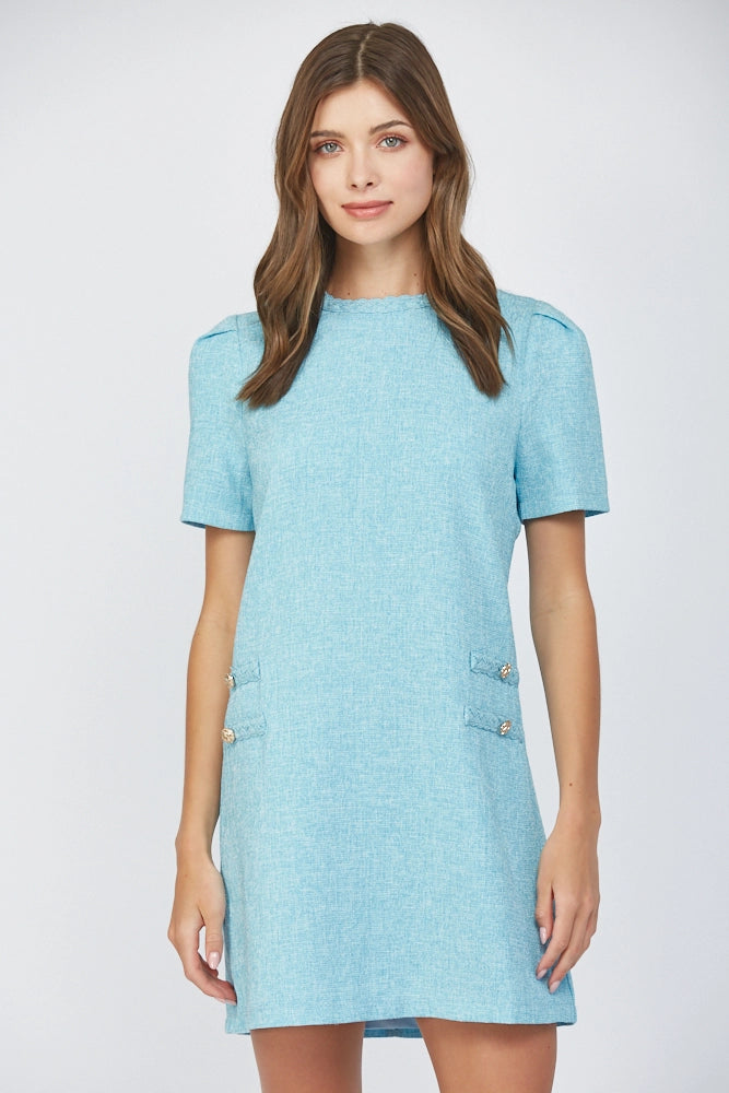 Braid Detail Short Puff Sleeve Shift Dress Fate