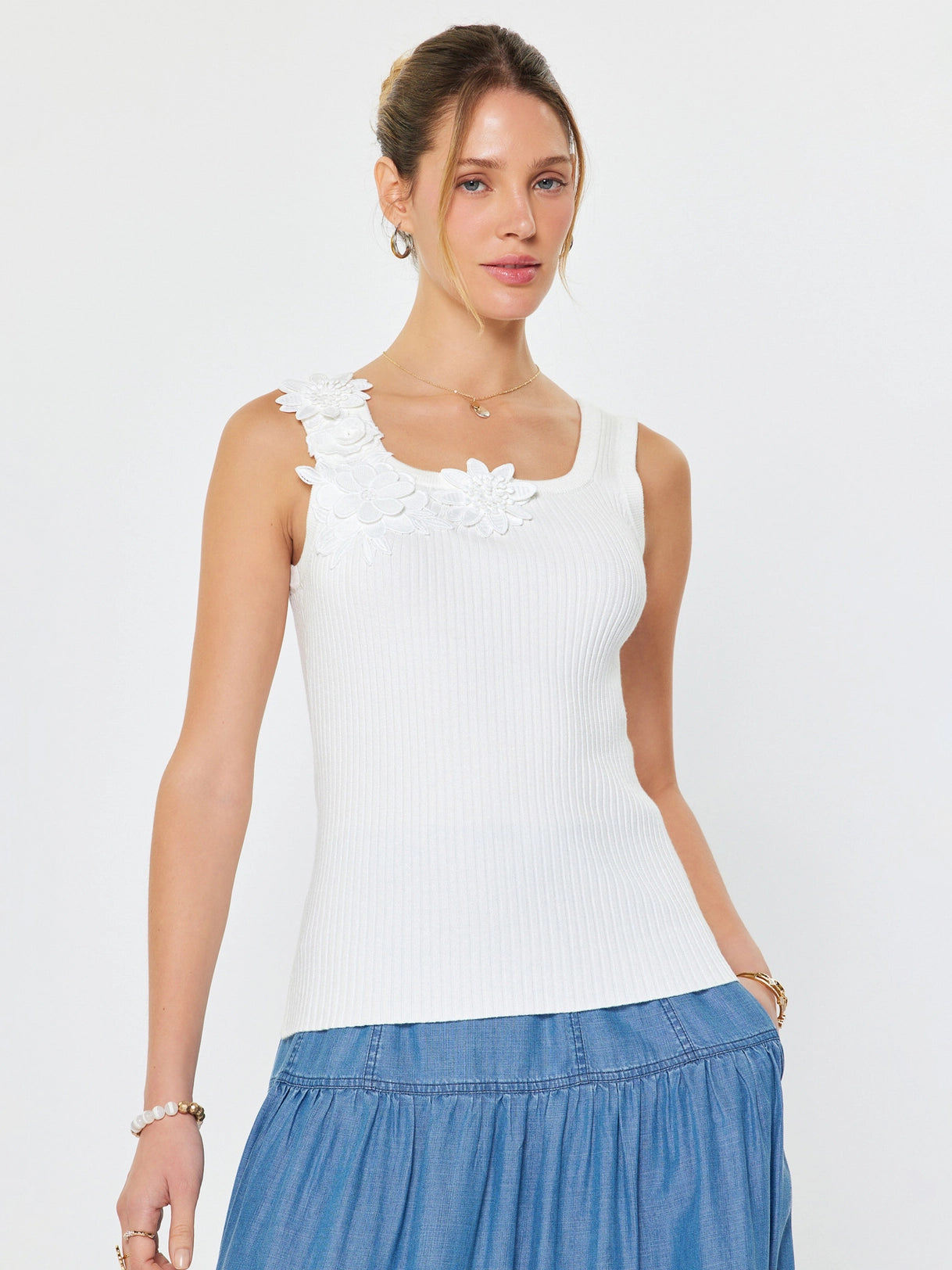 Floral Accent Ribbed Tank Top Current Air
