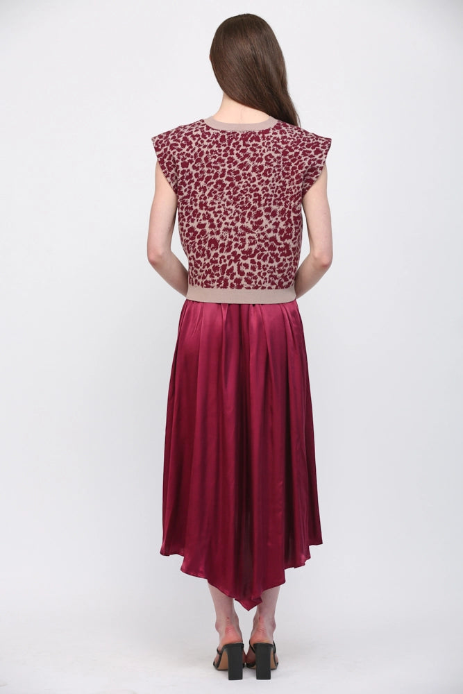 Animal Pattern Twist Front Bodice Satin Twofer Dress Fate