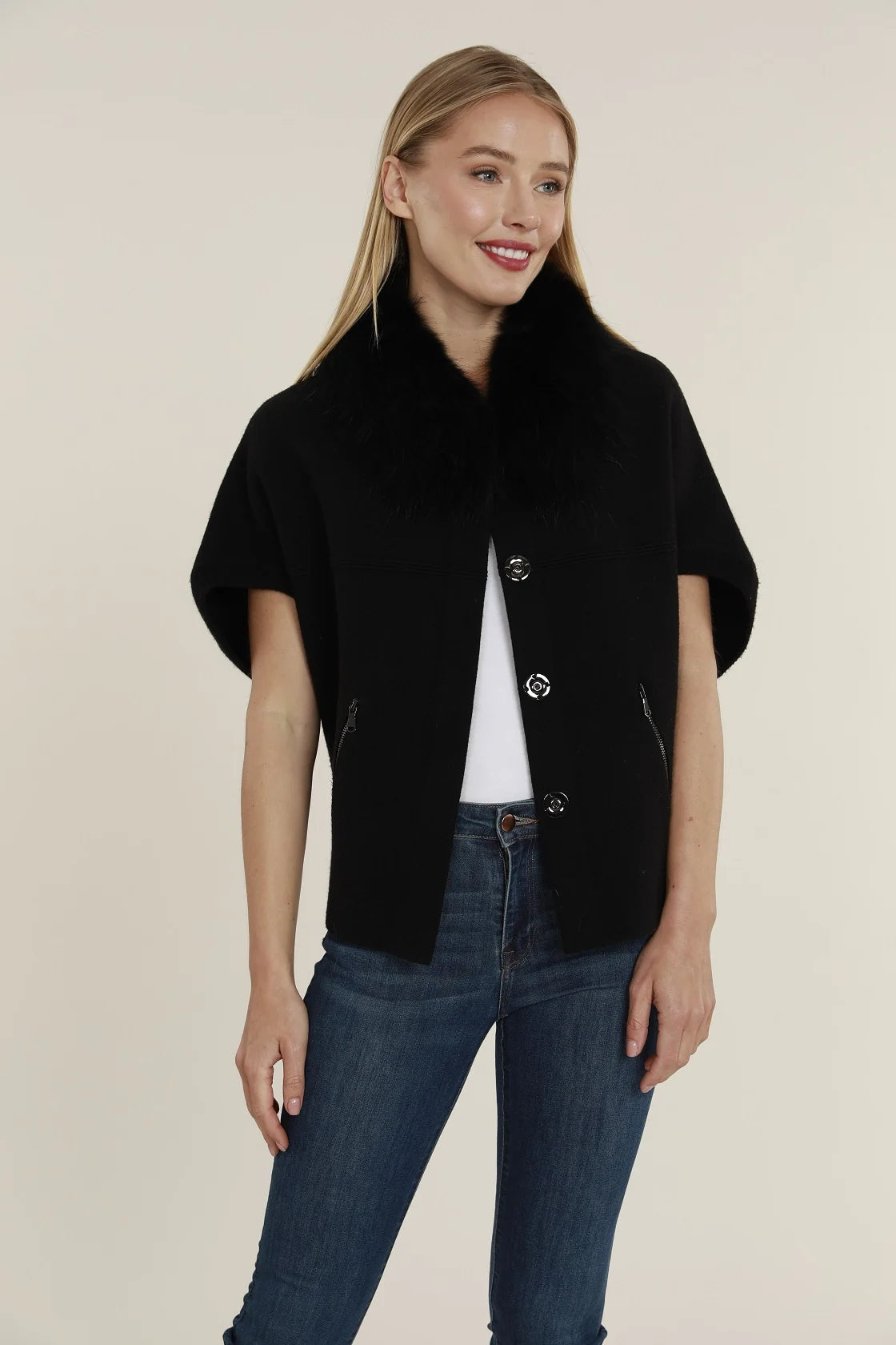 Faux Fur Collar Short Sleeved Cardigan Dolce Cabo
