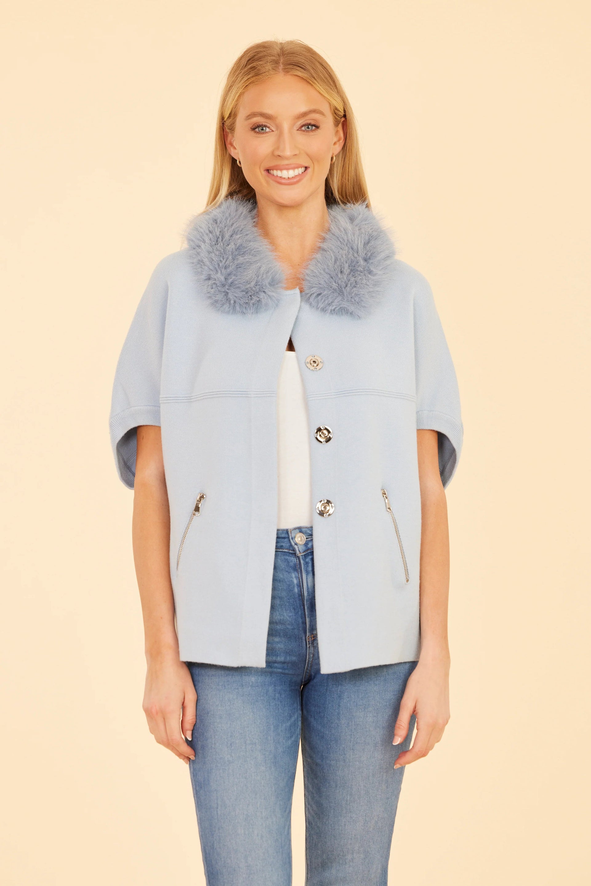 Faux Fur Collar Short Sleeved Cardigan Dolce Cabo