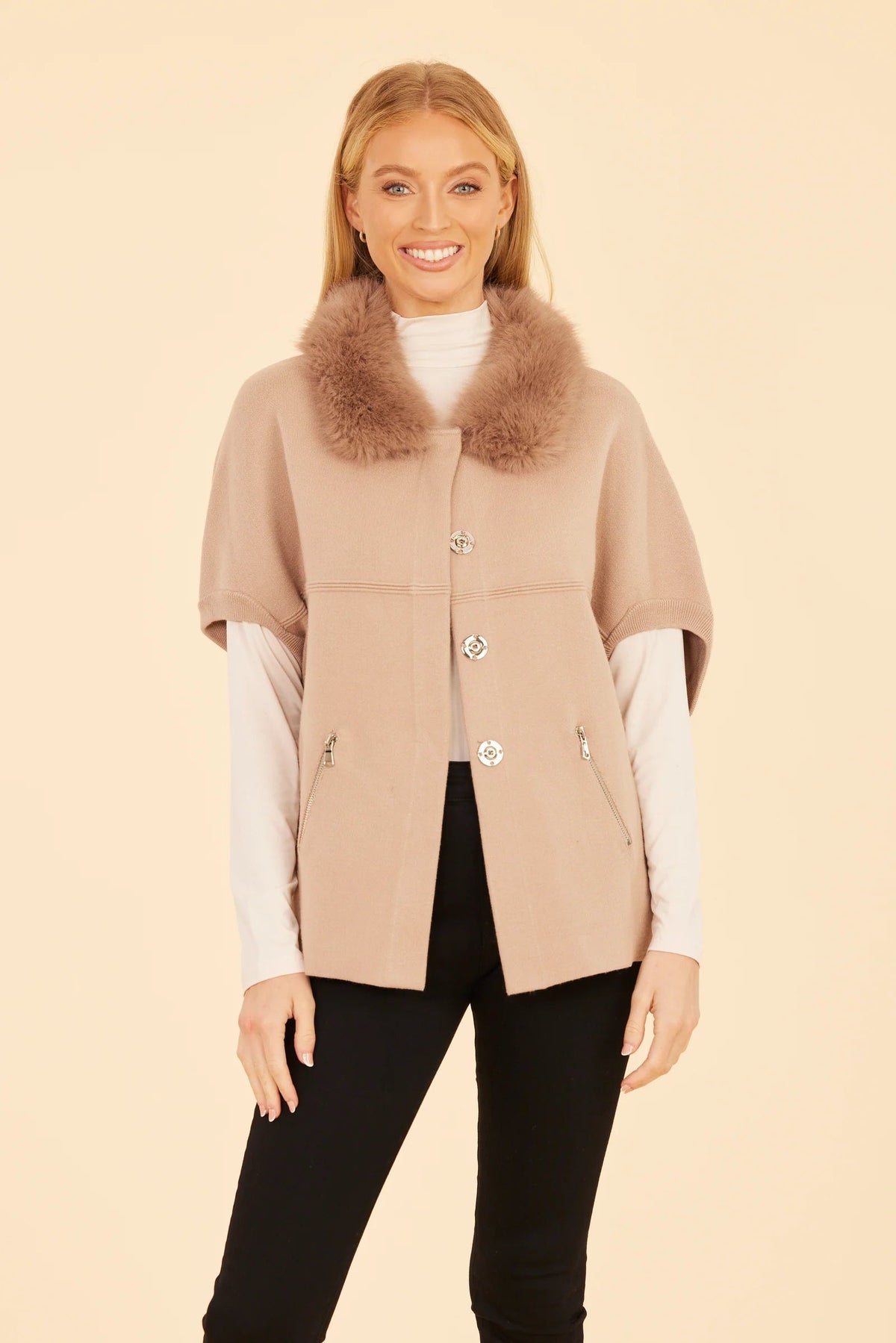 Faux Fur Collar Short Sleeved Cardigan Dolce Cabo