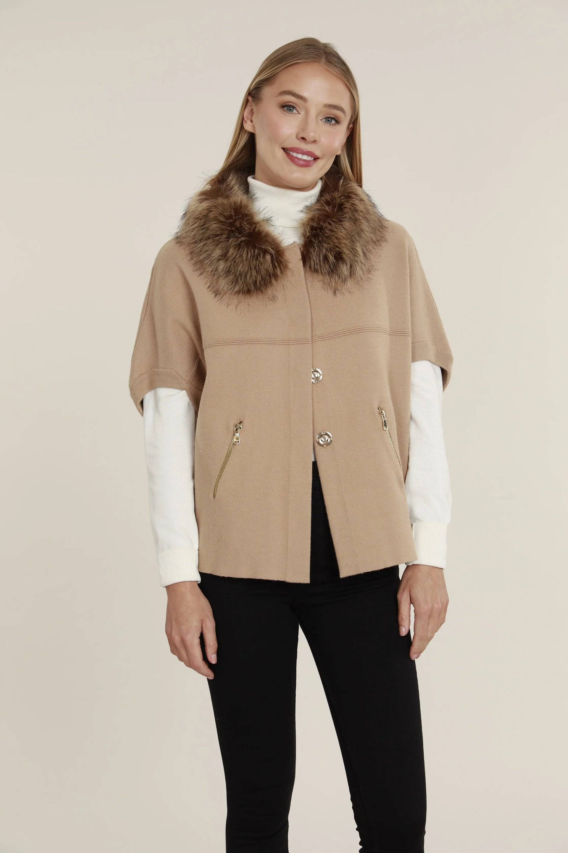 Faux Fur Collar Short Sleeved Cardigan Dolce Cabo