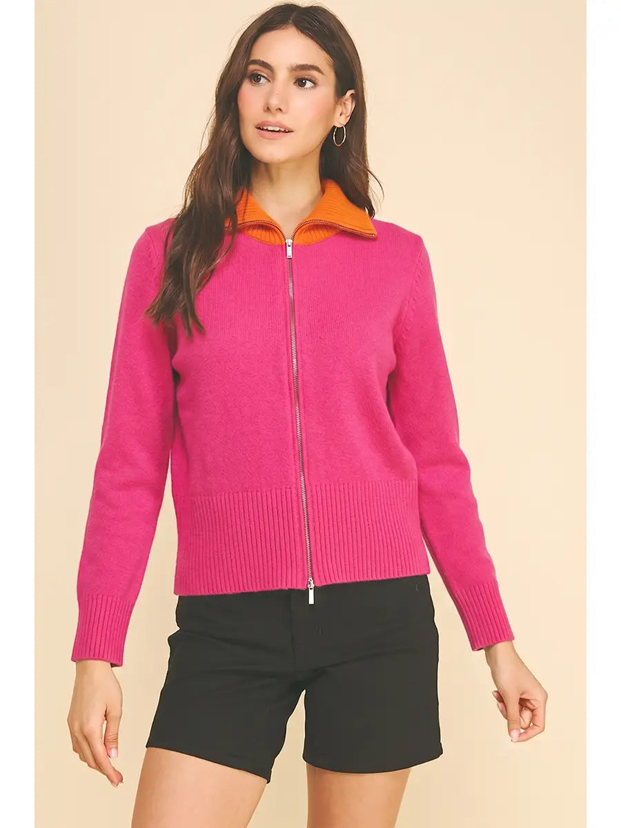 Color Block Collar Full Zip Knit Cardigan Pinch