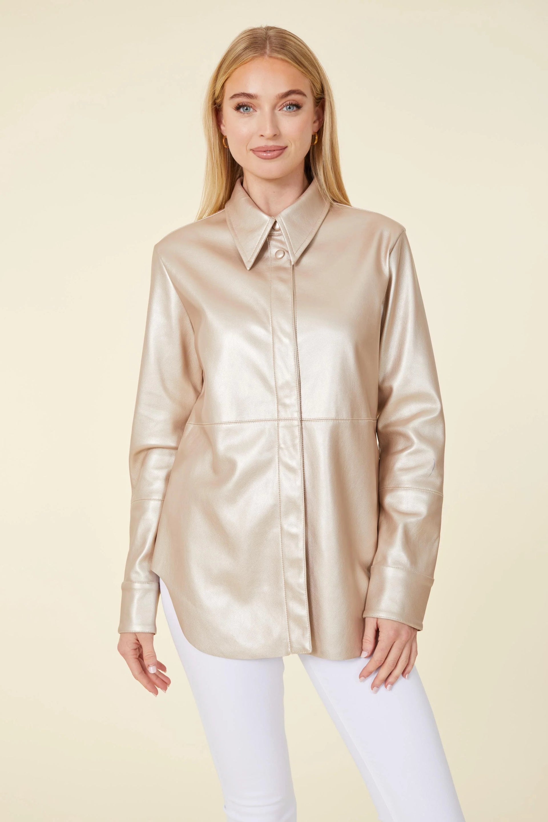 Metallic Faux Leather Button-Up Shirt Dolce Cabo