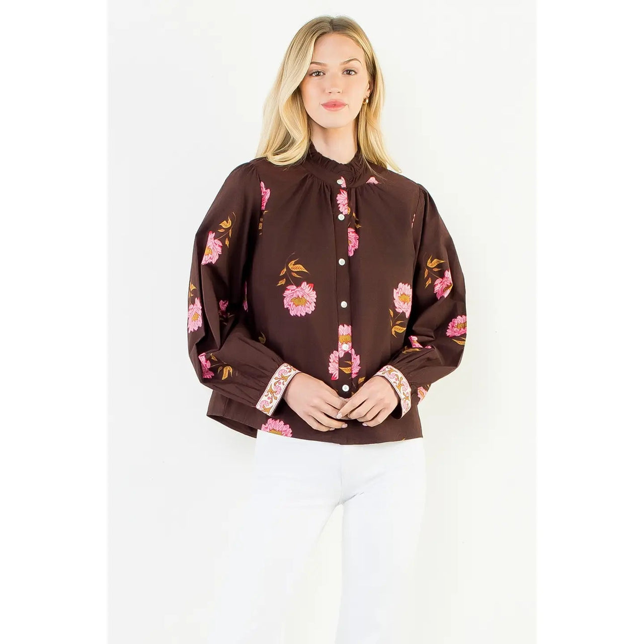 Long Sleeve Floral Top with Pattern Cuffs THML