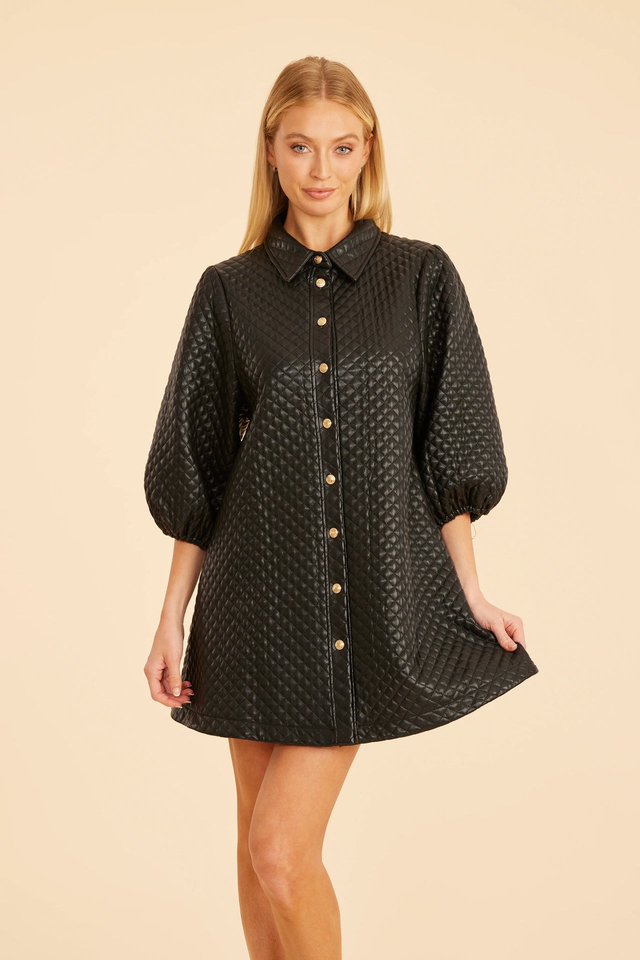 Quilted Faux Leather Puff Sleeve Dress