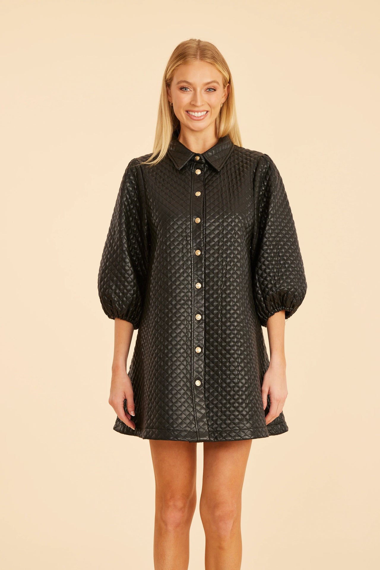 Quilted Faux Leather Puff Sleeve Dress