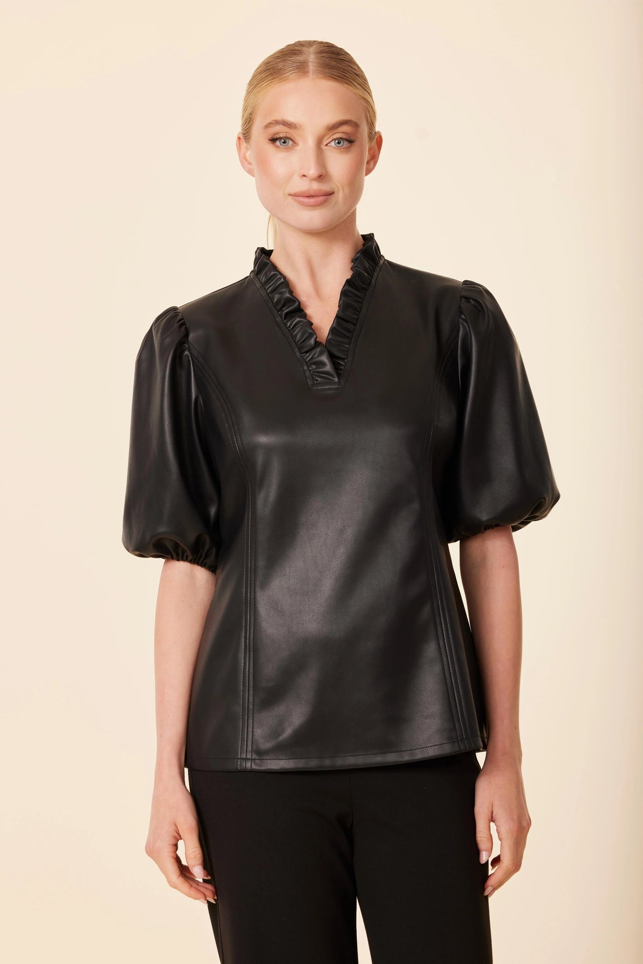 Faux Leather Ruffle Neck Top Dolce Cabo