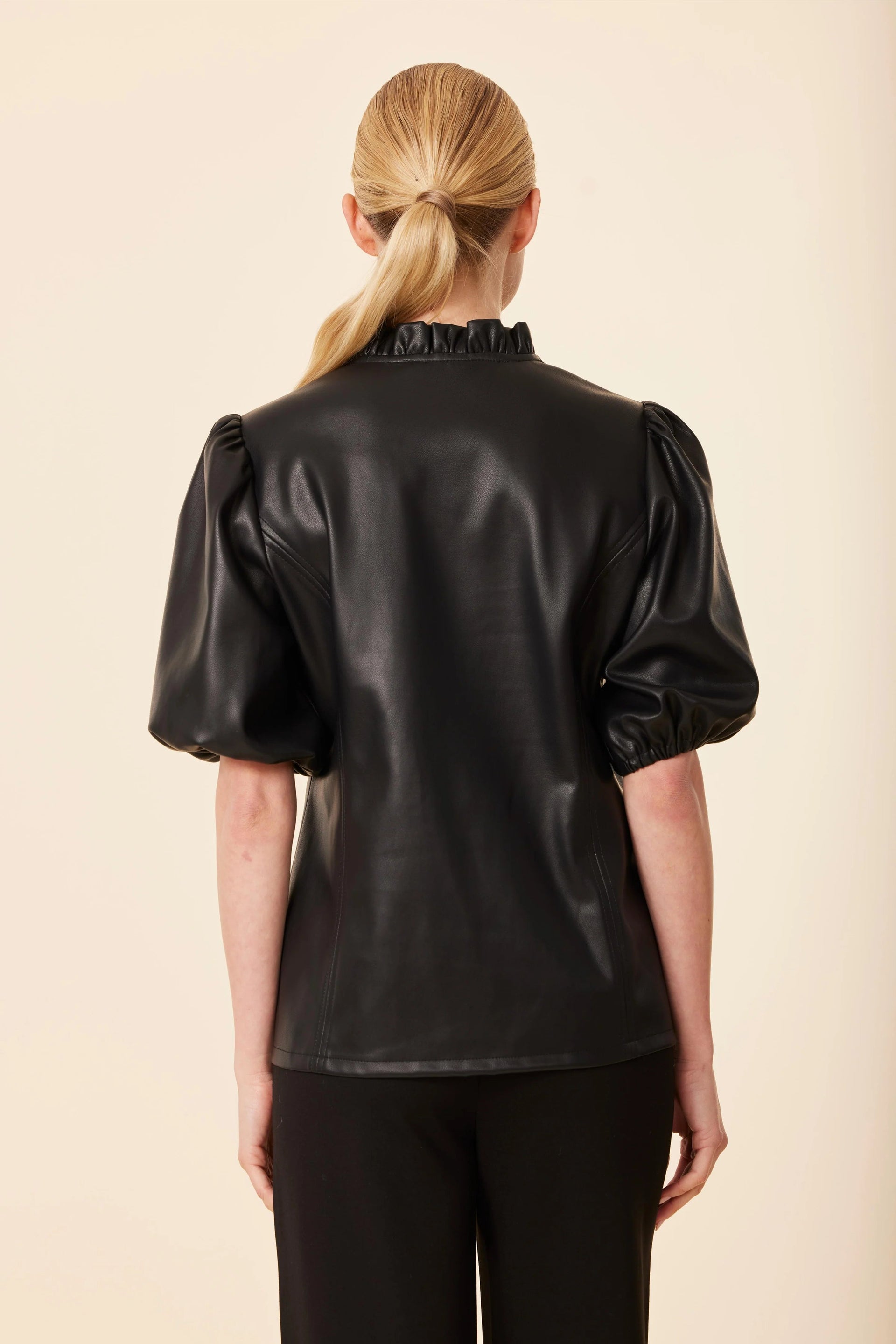 Faux Leather Ruffle Neck Top Dolce Cabo