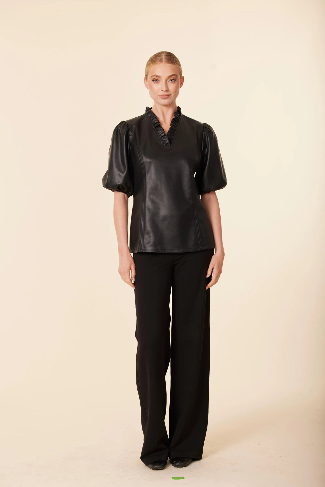 Faux Leather Ruffle Neck Top Dolce Cabo