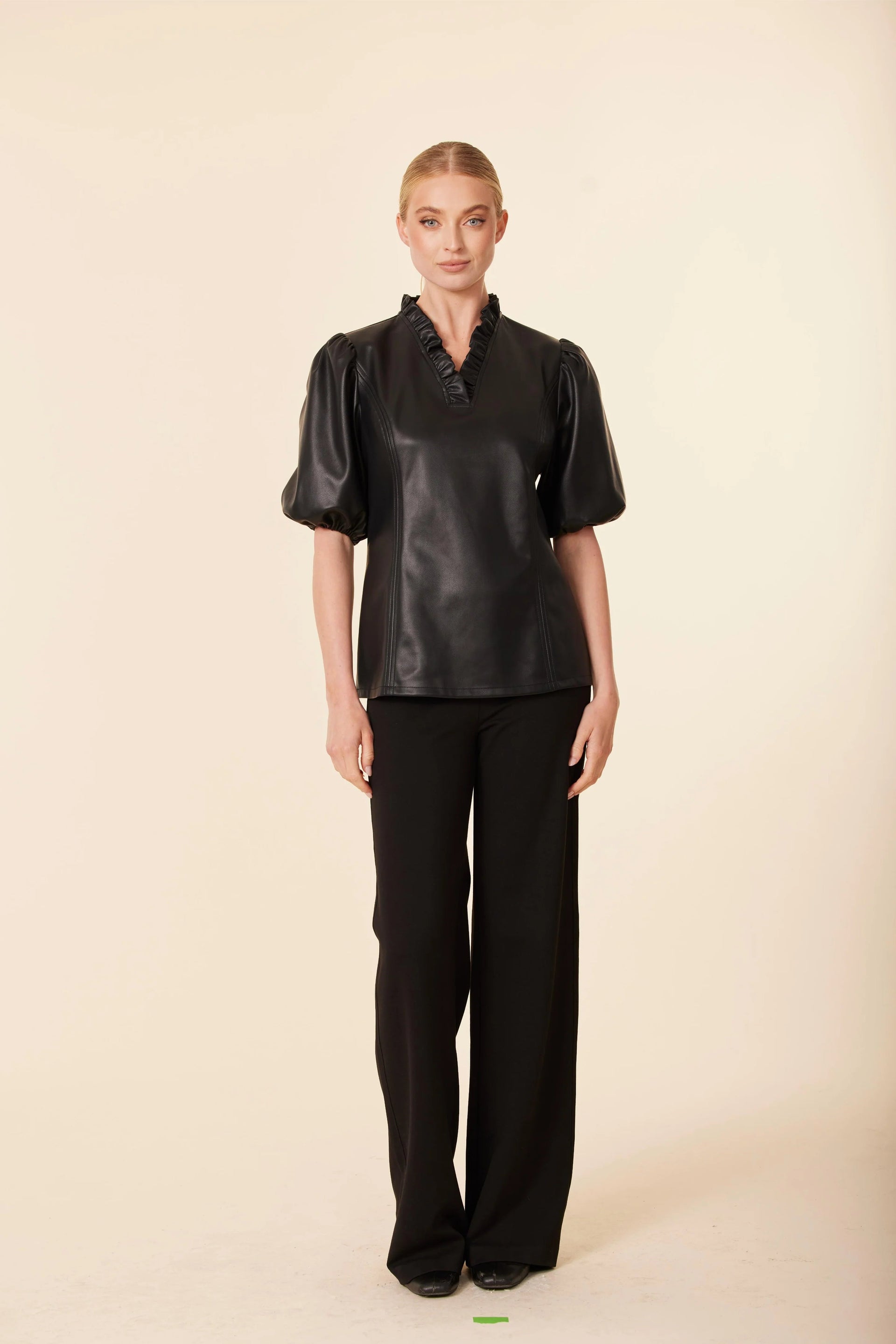 Faux Leather Ruffle Neck Top Dolce Cabo