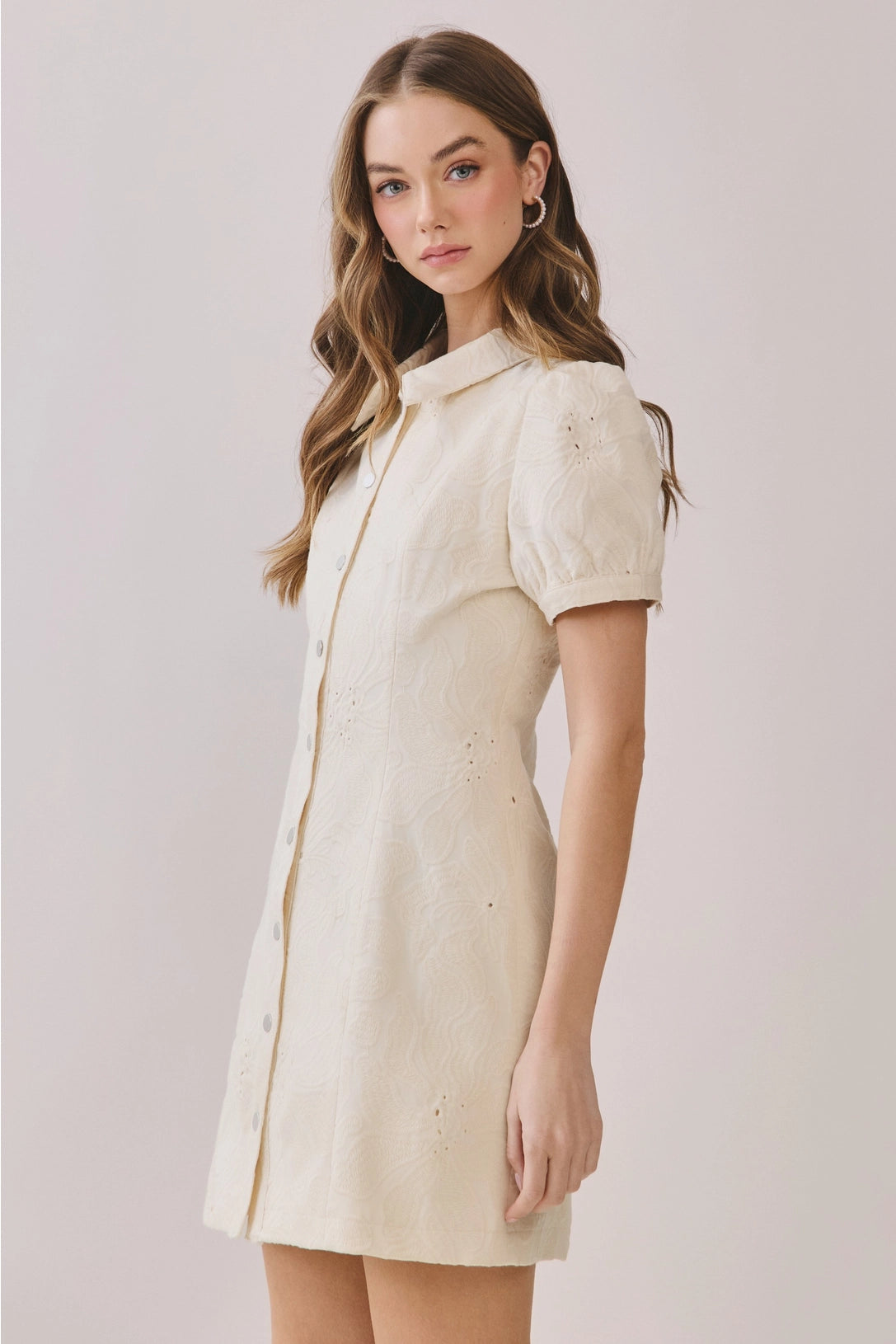 Textured Fabric Button Down Mini Dress TCEC