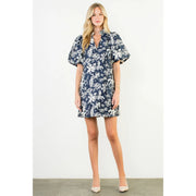 Puff Sleeve Print Detail V-Neck Dress THML