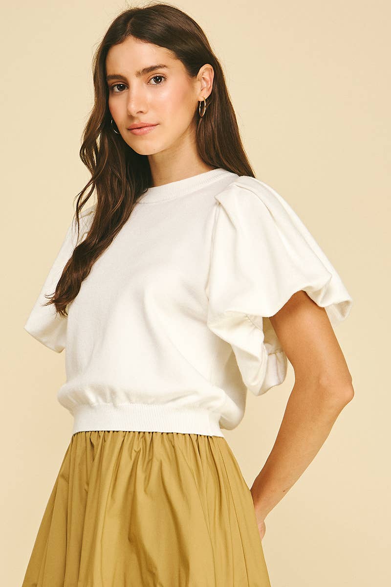 Crew Neck Puff Sleeve Ribbed Top Pinch