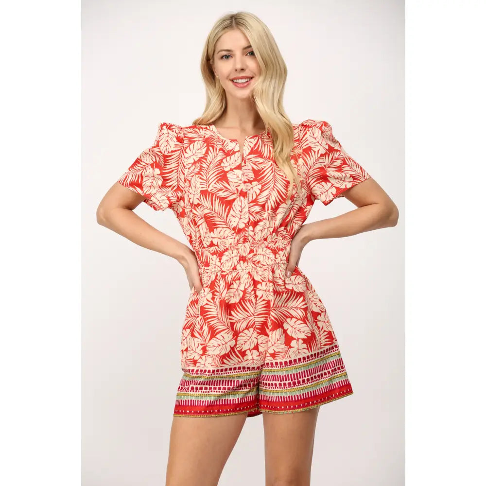 Border Print Split Neck Romper