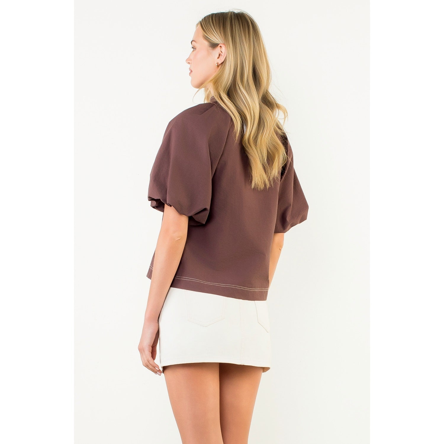 Contrast Stitch Puff Sleeve V-Neck Top THML