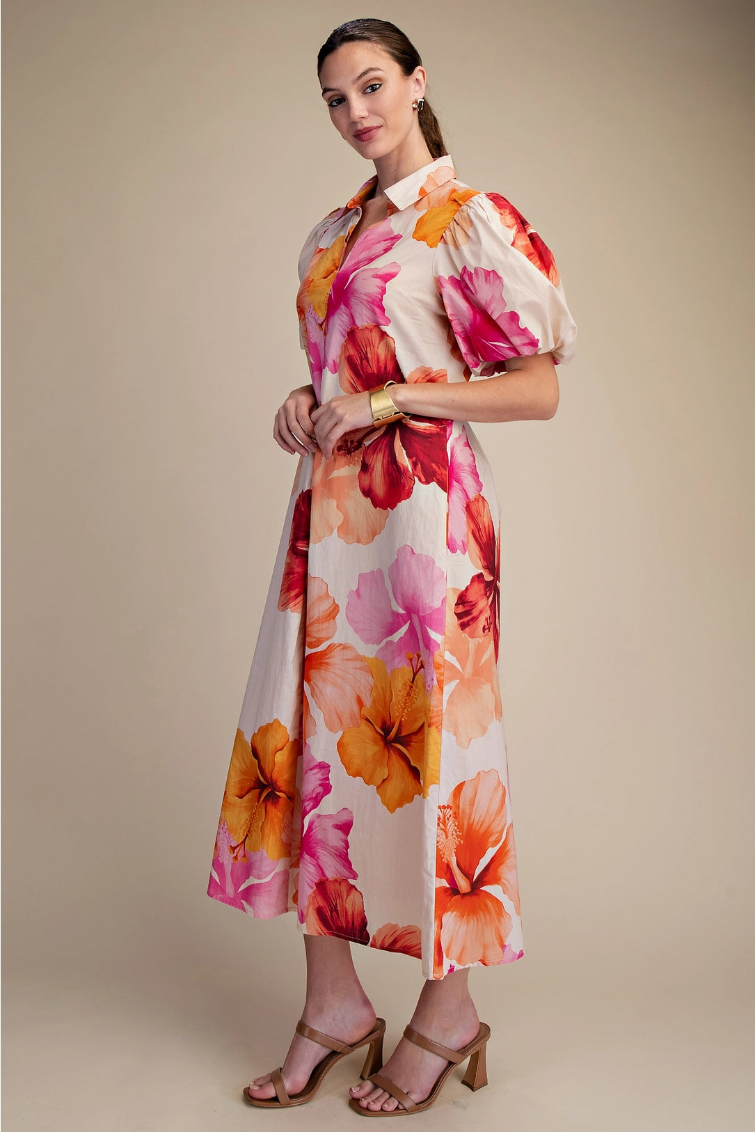 Collar V-Neck Pleated Midi Dress Glam