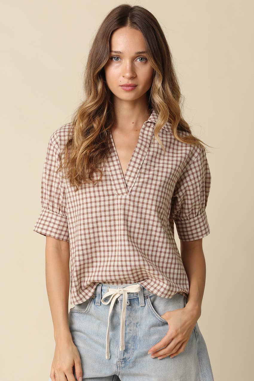 Anni Gingham Puff Sleeve Blouse Olivaceous