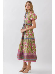 Floral Border Print Tie Waist Maxi Dress TCEC