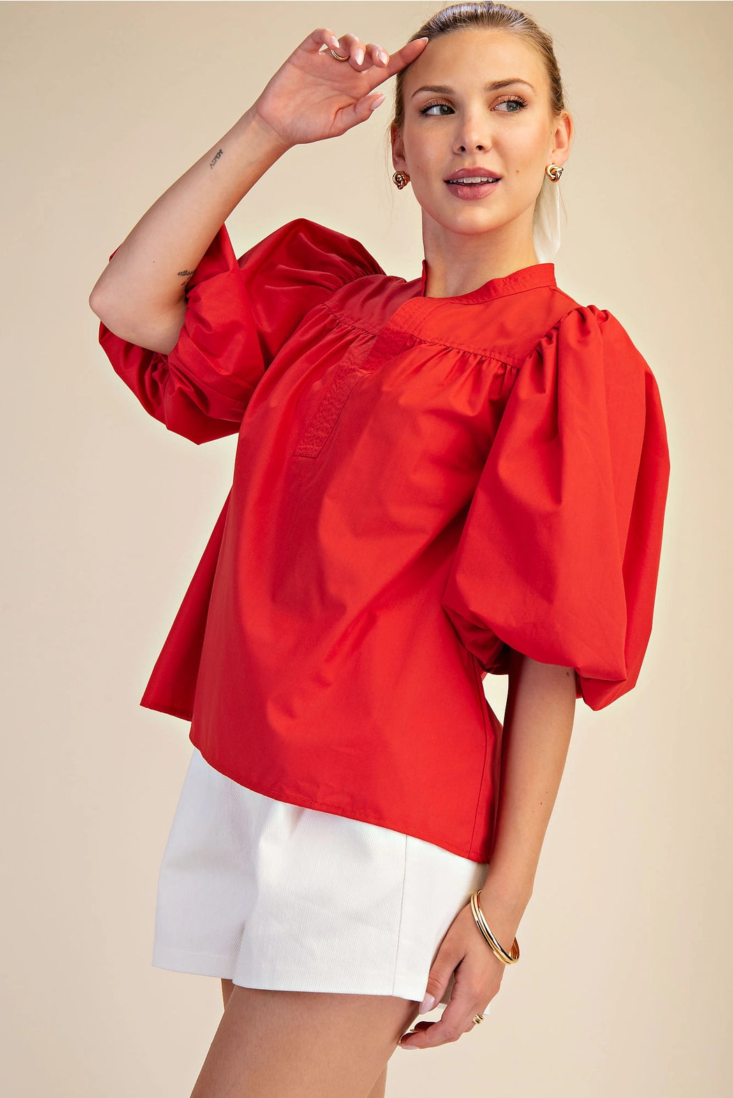 China Collar V-Neck Bubble Sleeve Poplin Top Glam