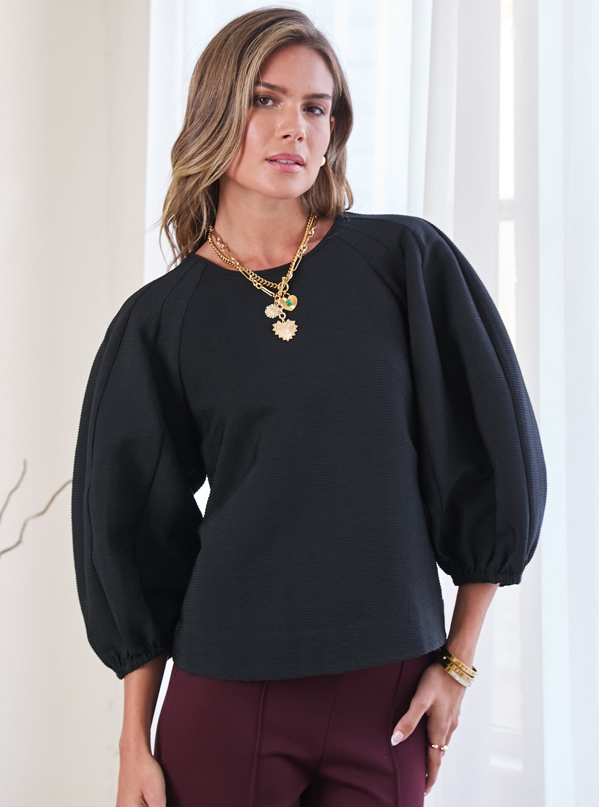 Textured Fabric Voluminous Sleeve Top Current Air