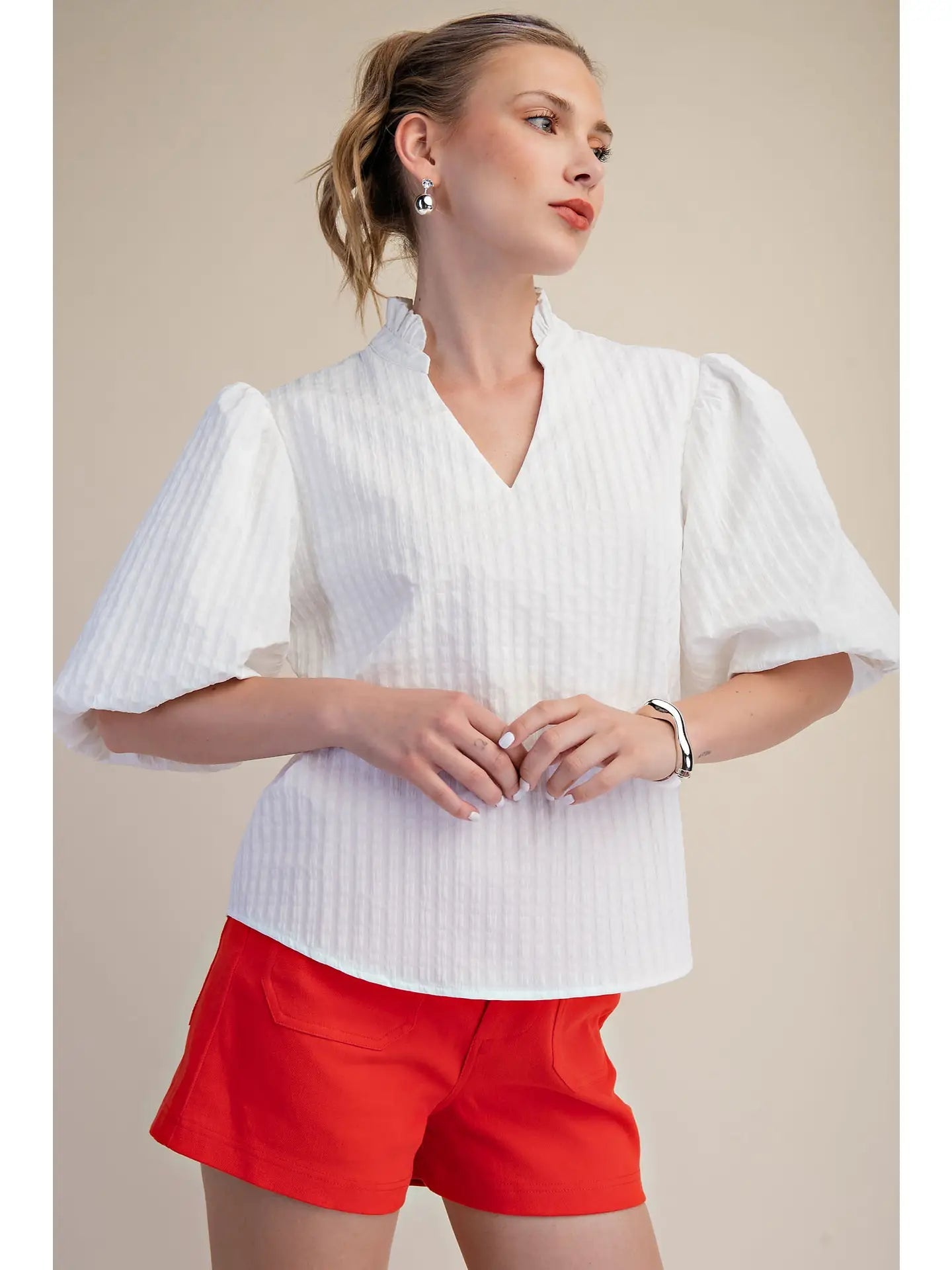 Puff Sleeve Ruffled Neck Textured Fabric Top Glam