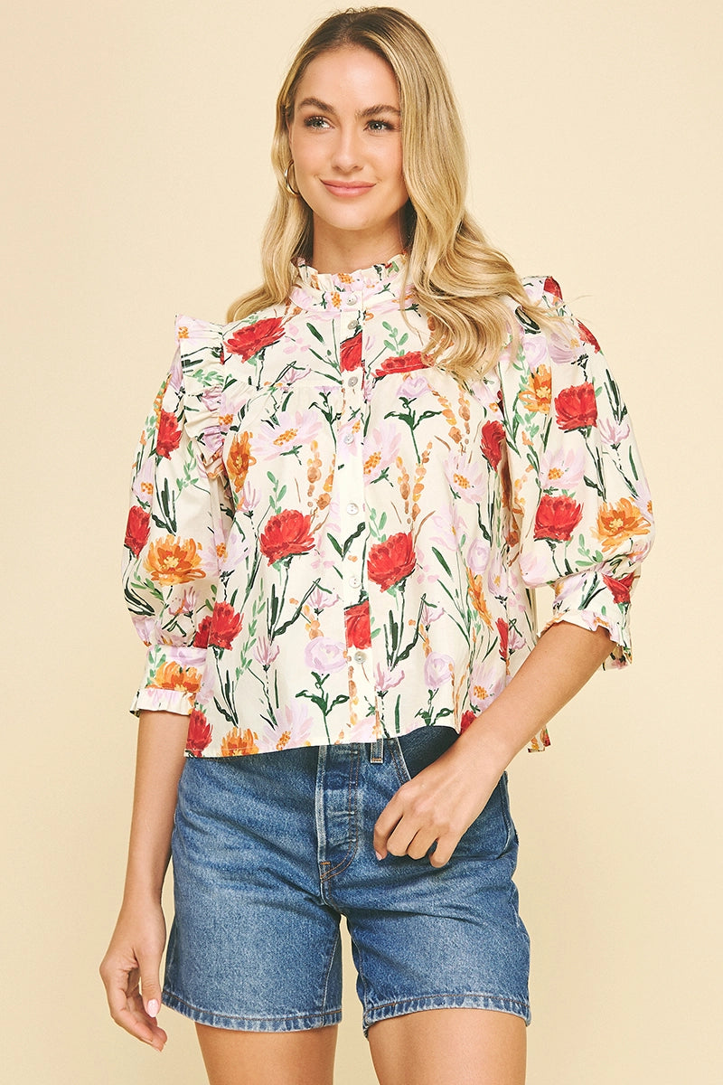 Floral Button Down Blouse Top Pinch