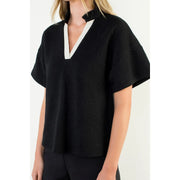 Contrast V-Neck Textured Short Sleeve Top THML