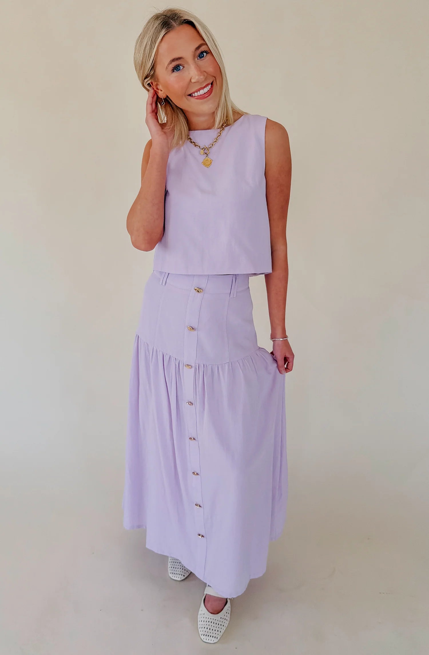 Decorative Front Button Detail Tiered Midi Skirt TCEC