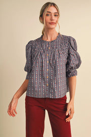 Floral Striped Short Sleeve Button Up Top Merci