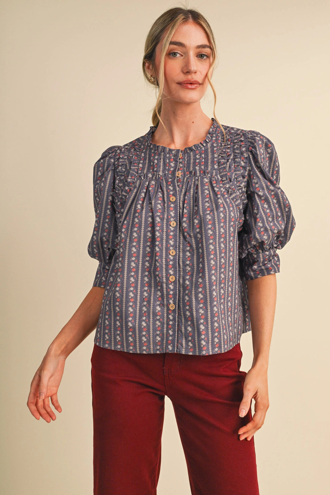 Floral Striped Short Sleeve Button Up Top Merci