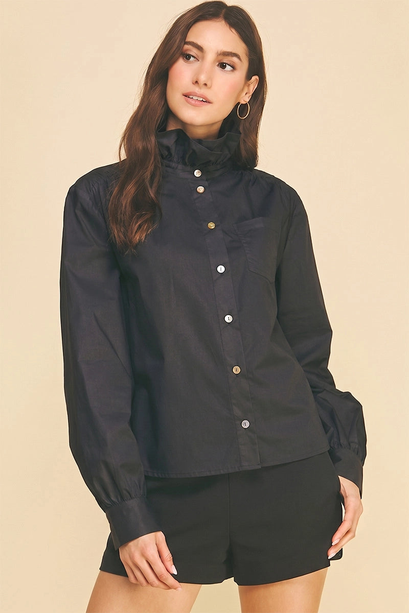 Ruffled High-Neck Button Down Shirt Pinch