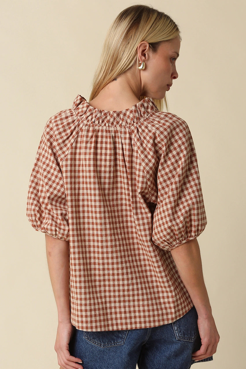 Alex Gingham Split Neck Blouse Olivaceous