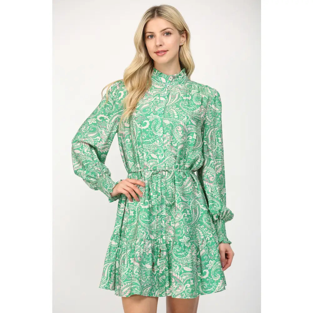 Paisley Ruffled Collar Detail Button Down Dress