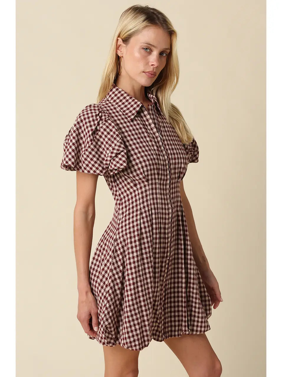 Ressie Gingham Puff Sleeve Mini Dress Olivaceous