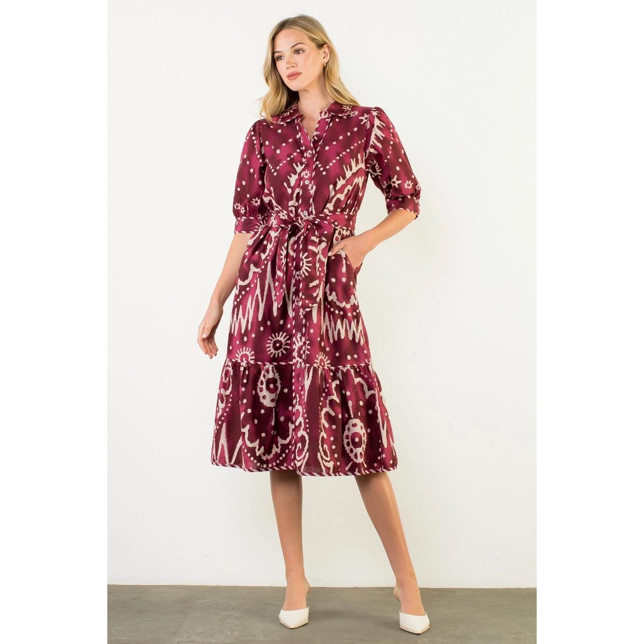 Long Sleeve Print Tiered Dress THML