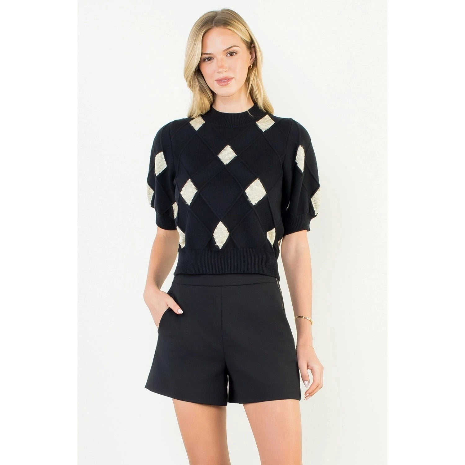 Short Sleeve Argyle Knit Top THML