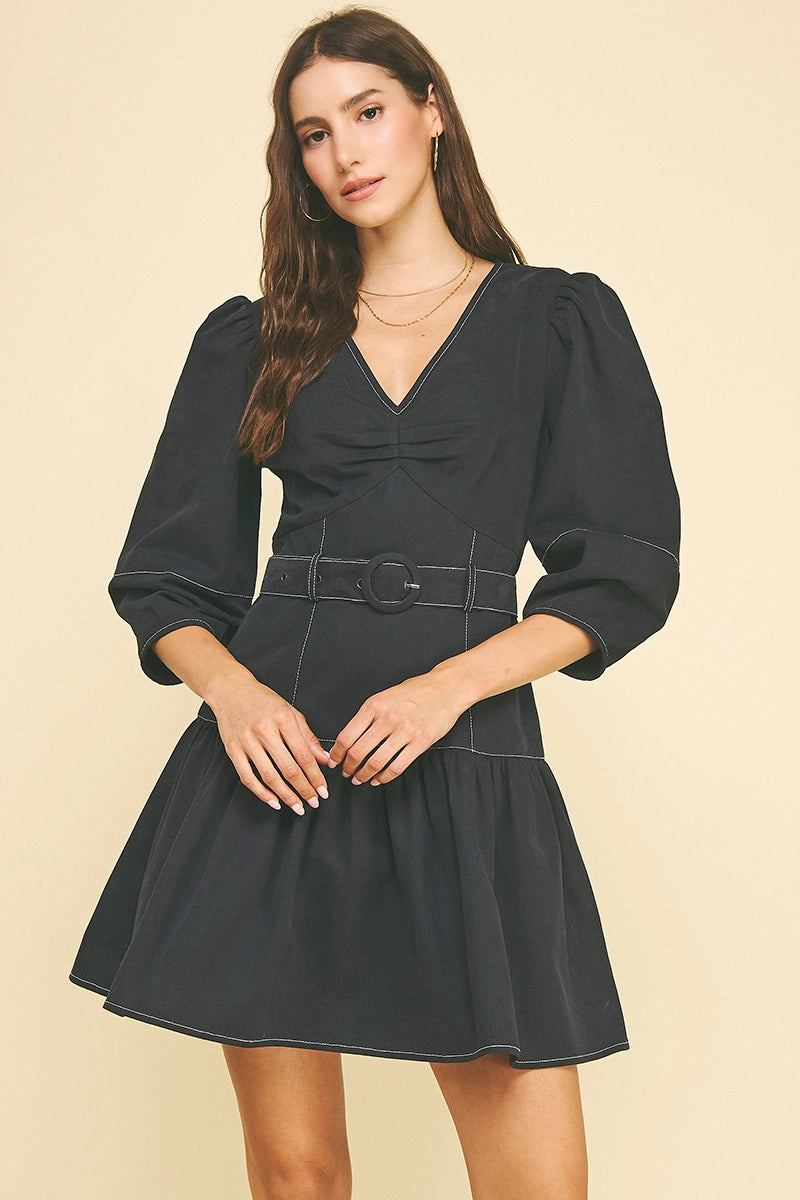 Puffed Sleeve Belted Mini Dress Pinch