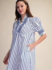 Ruffle V-Neck Smocked Puff Sleeve Stripe Mini Dress Glam