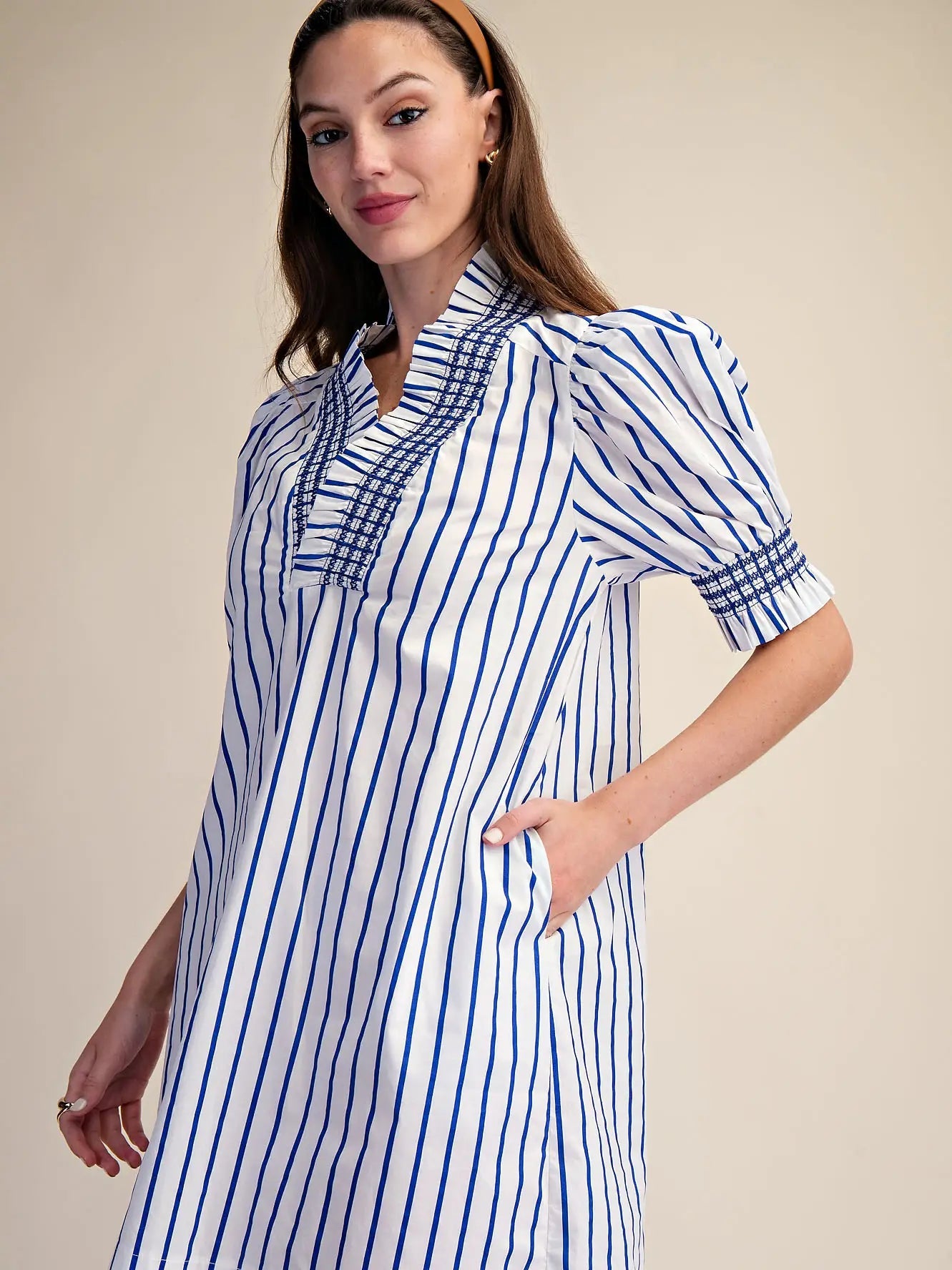 Ruffle V-Neck Smocked Puff Sleeve Stripe Mini Dress Glam