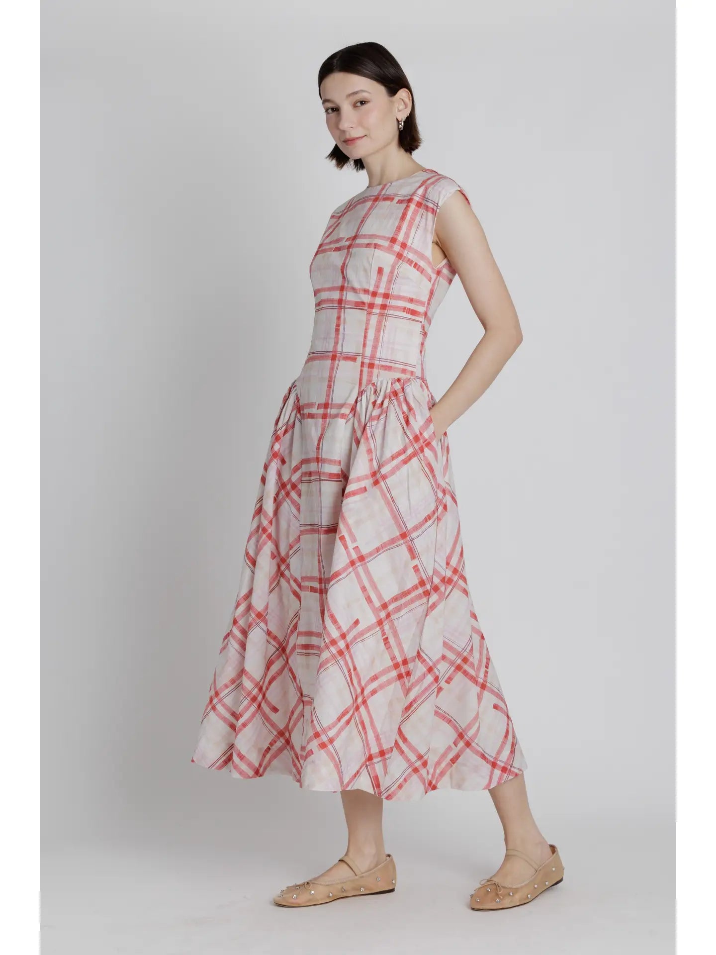 Basque Waist Plaid Midi Dress Aureum
