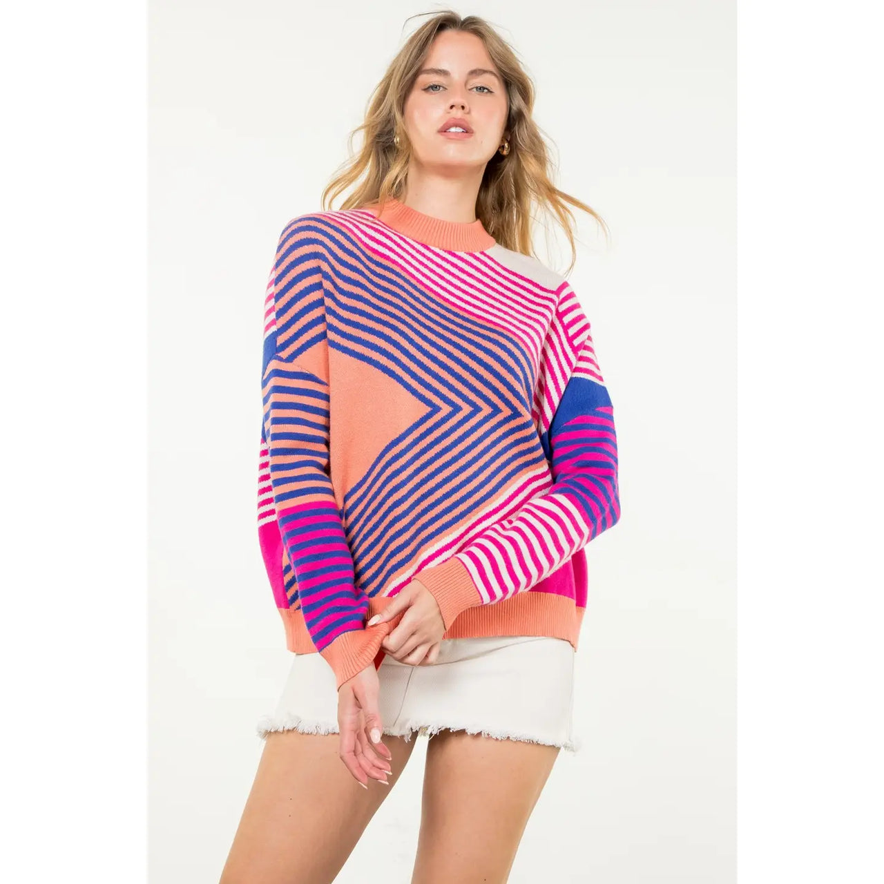 Mock Neck Striped Pattern Sweater