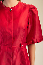 Collar Neck Puff Sleeve Waist Detail Shiny Mini Dress Glam