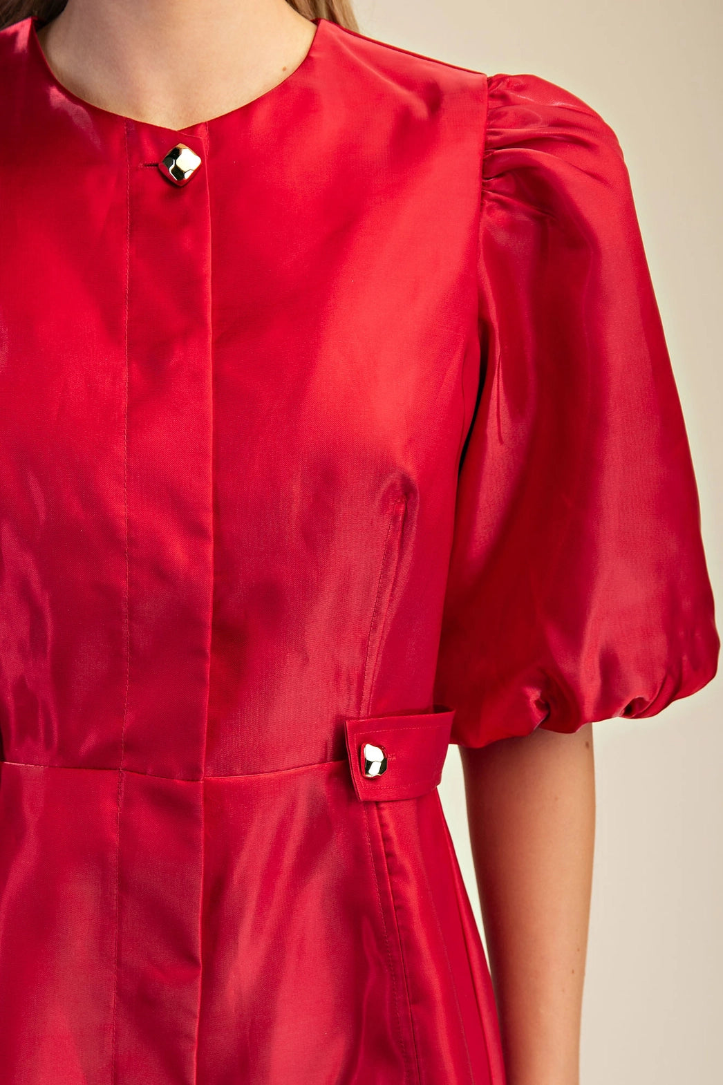 Collar Neck Puff Sleeve Waist Detail Shiny Mini Dress Glam